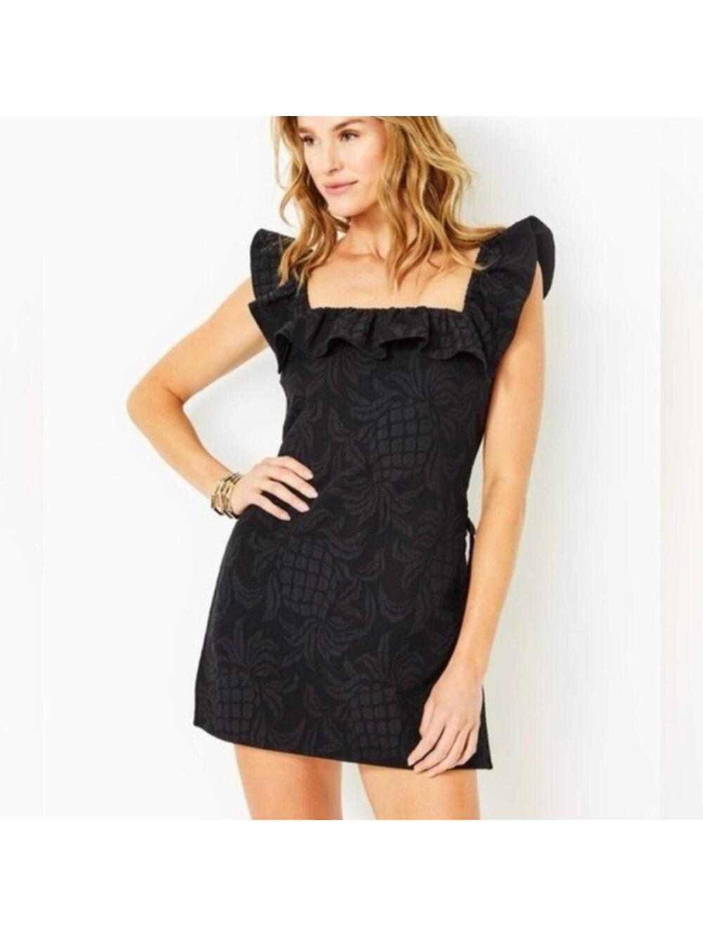 Lilly Pulitzer Sz 2 Zoya Ruffle Romper Pineapple Pucker Jacquard Black Tropical